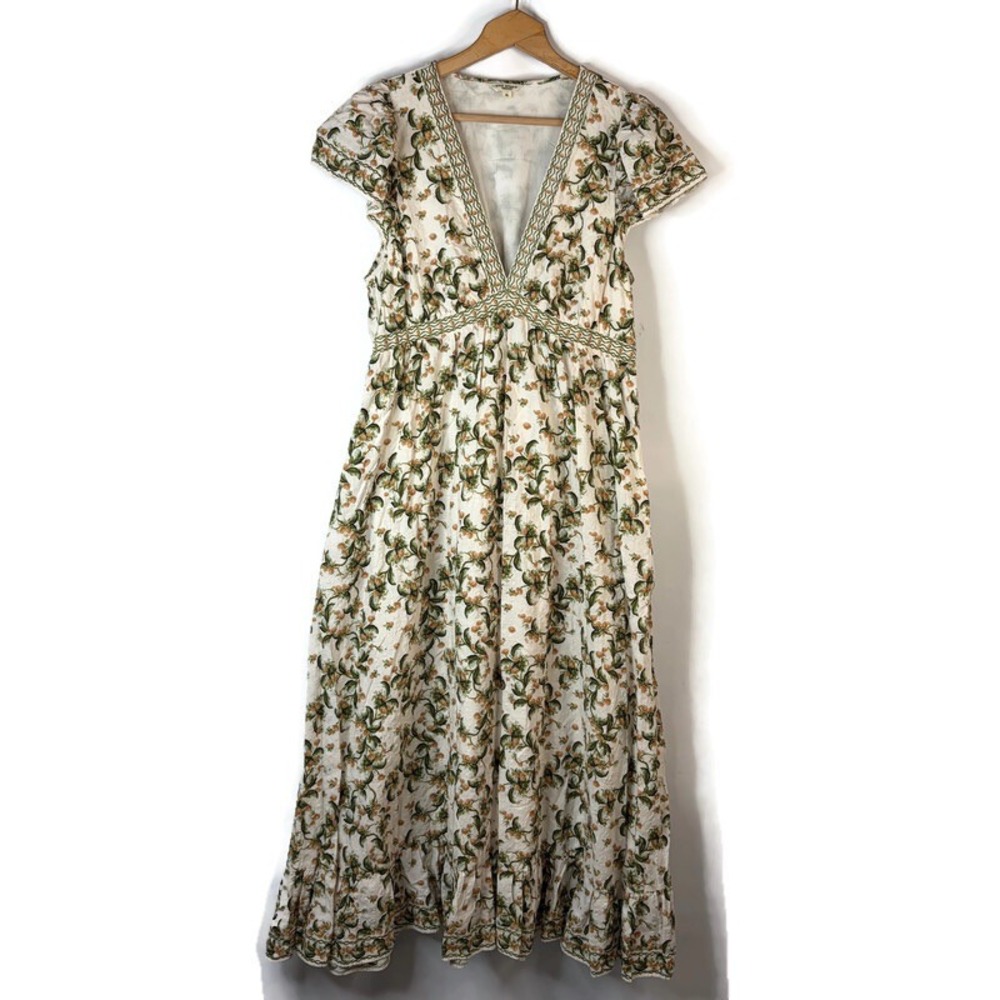 Max Studio London Maxi Dress Women XL Cream Floral V-Neck Flutter Sleeve Pockets
